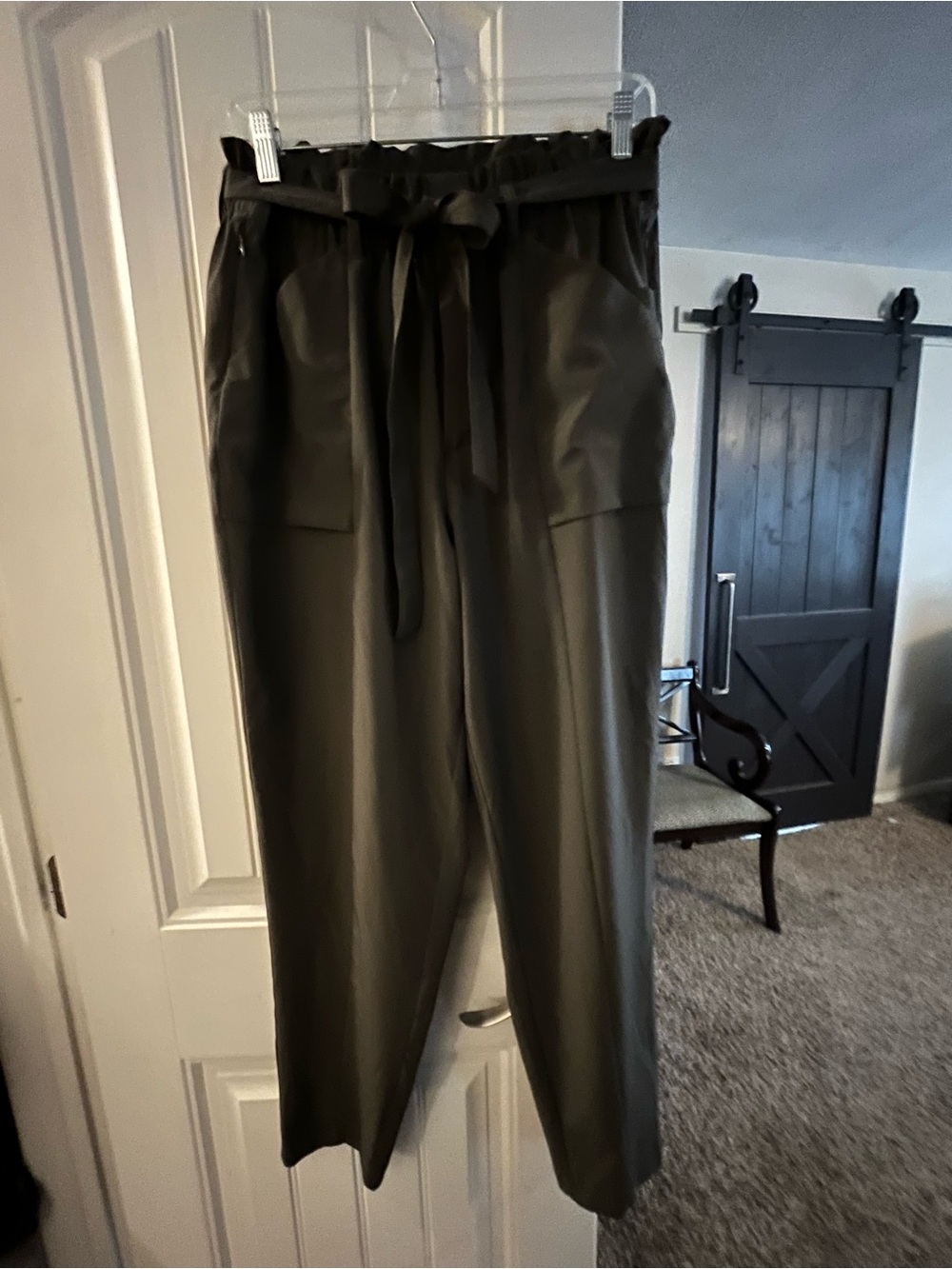 High-Waist Paperbag Wide-Leg Pants with Tie Belt - Olive Green-Grey, size Large